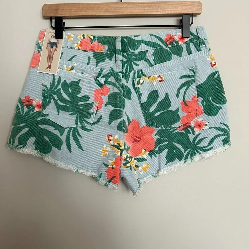 Zara High Rise Denim Palm Print Shorts
